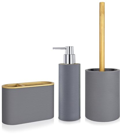 Set Accesorios Baño 3 Piezas – Blanco, Negro o Gris Mate y Bambú | Dispensador Jabón, Vaso Portacepillos y Escobillero WC | Diseño Nórdico Minimalista | Nadi Collection