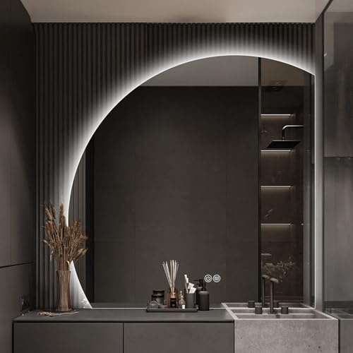 Rahmenloser Badezimmerspiegel mit Hintergrundbeleuchtung – LED-Lichter, Smart Touch, beschlagfrei, großes halbrundes Design, 3-farbige Beleuchtung für Make-up, 80 x 80 cm
