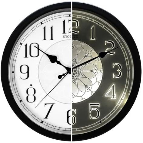 eYotto 30,5 cm Leise Wanduhr mit Nachtlicht Dimmbar Retro | Batteriebetrieben, Einstellbare Helligkeit, Große Anzeige, Für Wohnzimmer Schlafzimmer Küche Badezimmer Büro