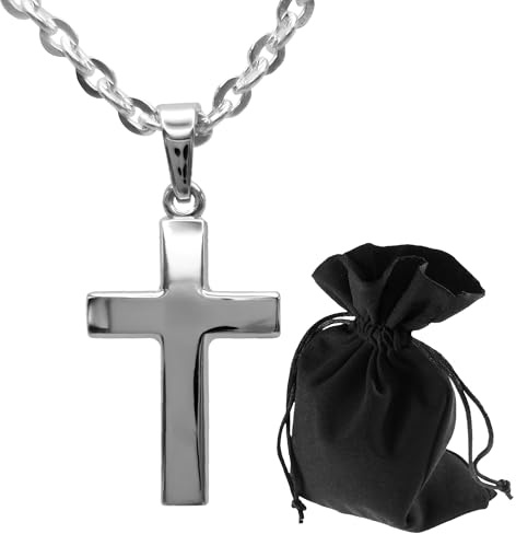 Lunexus Kreuzkette 925 Sterling - Silber, Anhänger 2,5 cm, Kette 60 cm | 925 Sterling Silber, poliert - Panzerkette 60 cm - für Damen - zu Taufe, Kommunion, Konfirmation, Firmung - mit Samtbeutel