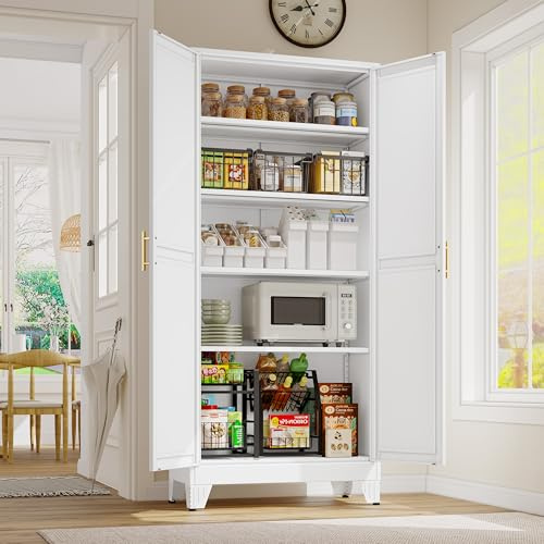 GAIOUS 71 Tall Metal Storage Cabinet with 2 Doors and 4 Adjustable Shelves, Kitchen Pantry Cabinet White Freestanding Cupboard, 5 Tier Multifunctional Steel Storage for Office, Kitchen, Dining Room