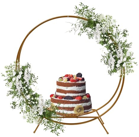 Metal Cake Stand, Cake Stand Wedding Pedestal With 33 cm Plate Tray, 88cm High Double Ring Golden Cake Ornament, Food Presentation Stand Arch Flower Stand for Wedding Party