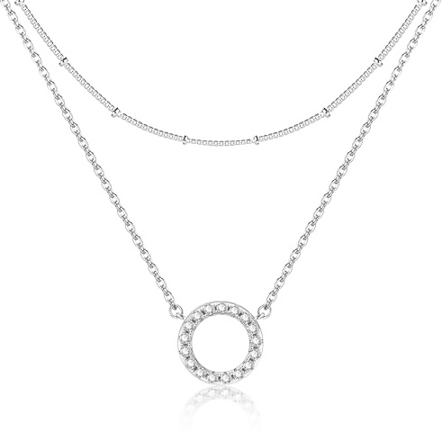 ALEXCRAFT Collar Ajustable Plata Mujer, Multicapas Collar Cadena Circones, 2 Piezas Collars con Colgante Redondo, Clavícula, Moda, Hipoalergénico, Regalos para Mujeres, Niñas, Adolescentes, Hija