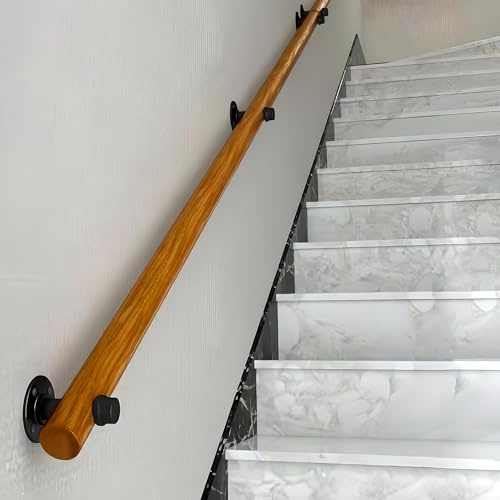 Dawselod 360cm Wood Handrail, Stair Handrail with Industrial Pipe Brackets, Round Non-Slip Wall Mount Staircase Handrail, Indoor Outdoor Grab Bar for Elderly, Kids, Porch, Garage, Corridor