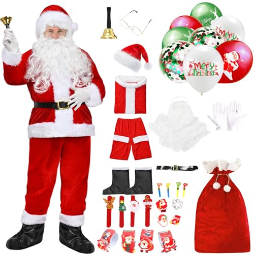 Moerstar Vestito Babbo Natale Uomo, Set Costume Babbo Natale Deluxe con Barba, Cappello, Cintura, Stivali, Sacco Natalizio e Christmas Surprise Gifts Costume Cosplay Santa Claus