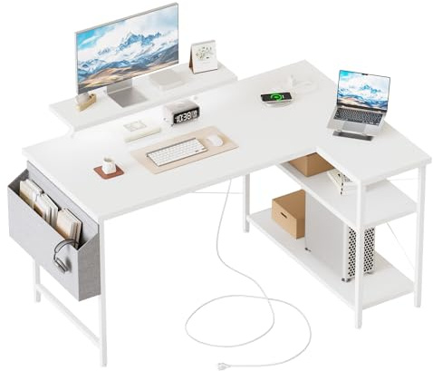 Mericonia Corner Desk, w. Monitorstand & Built-in Socket, 120x70cm, White | Reversible L-shaped desk w. Bag, Height-adjustable Shelf, with Power Outlets & Led, Gaming computer desk for home & office