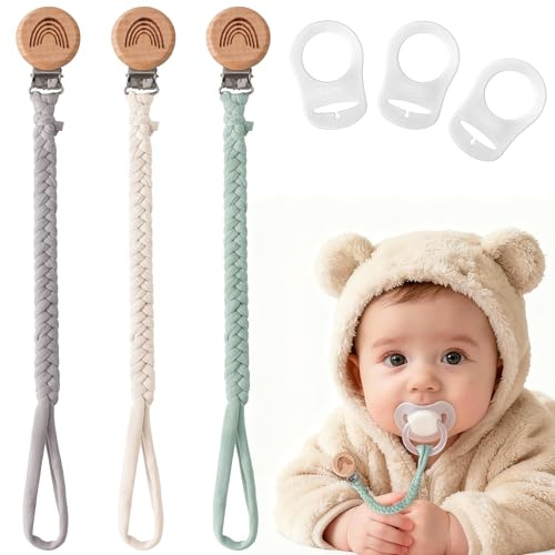 EARLY MINDS 3er-Pack Schnullerkette Baumwolle, Geflochtene Schnullerband, Baby Schnullerhalter mit Buchenholz Clip, Unisex Design für Mädchen und Jungen (Weiß Grau Blau)