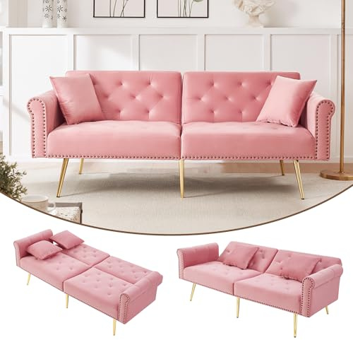 Mielvu Modernes 2-Sitzer-Schlafsofa – Samtbezug, Rückenlehne mit 3-stufiger Verstellung & vergoldete Metallfüße Stilvolles Sofa mit Schlaffunktion – platzsparend, belastbar (Rosa)