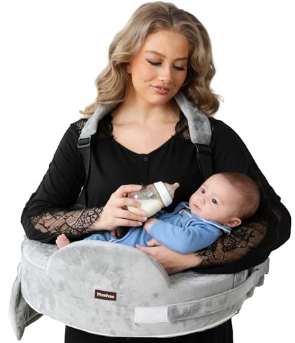 Nursing Pillow for Standing/Sitting Use- Springy Memory Foam for Support & Comfort, Large Breast Feeding Pillow - Safety Fence, Adjustable Waist Belt and Support Backrest, Removable Cover with Pocket