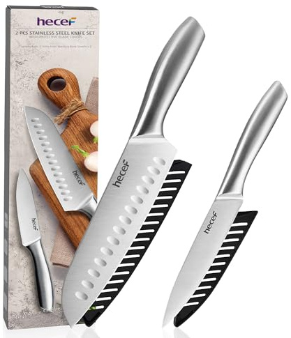 hecef Juego de Cuchillos de Cocina de 2 Piezas, Santoku de 18 cm y Cuchillo Utilitario de 12,7 cm, Cuchillos y Mangos Huecos de Acero Inoxidable, Fundas Protectoras para la Hoja, Astilla