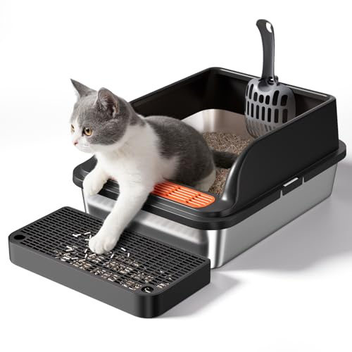 Katzentoilette aus Edelstahl, Metall Kitty Katzentoilette inklusive Katzentoilette & Schaufel, Einfache Reinigung Anti-Kratzer Kitty Katzenbox Anti-Urin-Leckage, nicht klebrig, Schwarz
