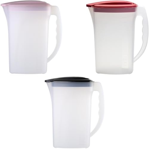 Engelland Getränkekrug 2L mit Deckel 3er Set – Kühlschrankkrug aus BPA-freiem Kunststoff mit Skala & Ausgießdeckel – Saftkrug Wasserkaraffe Spülmaschinenfest – Transparent Rot Rosa Schwarz