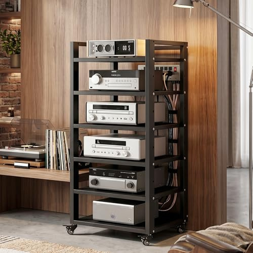 Mobile HiFi a 6 Ripiani per Giradischi e Componenti Audio - Supporto Multimediale Verticale con Struttura Robusta, Rack Stereo perfetto per Vinili, Console Gaming e Decoder, Design (A-6H, 50*40*120cm)