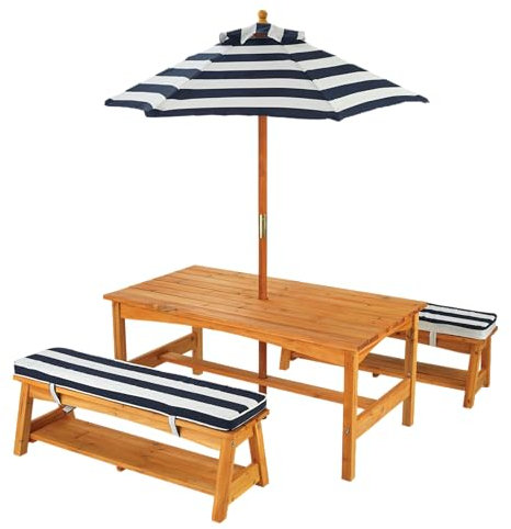 KidKraft Gartentisch mit Bank, Kissen und Sonnenschirm für Kinder, Outdoor Gartenmöbel aus Holz für Kinder, Marineblau-Weiß gestreift, 106