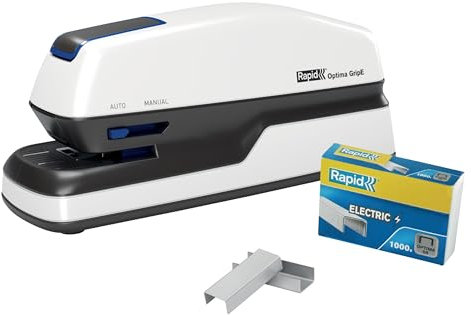 Rapid Optima GripE Elektrischer Tacker, Set aus Tacker und 1000 x Heftklammern, Kapazität 20 Blatt, Ideal für Büro und Home Office, 5 Jahre Garantie, Weiß, 2102349