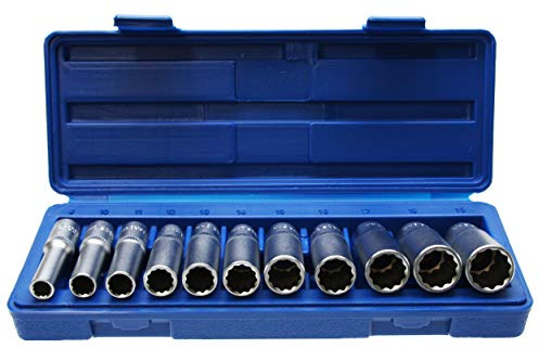 Alkan 8-19 mm 3/8 Antrieb Vielzahn Stecknuss Satz 11-tlg 12-kant | Lange Doppel-6-kant Steckschlüsseleinsätze 8-19 mm aus Chrom-Vanadium-Stahl, 3/8 Antrieb, in Kunststoffbox