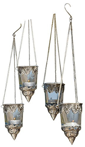 Loberon Windlichter 4er Set Céleste, für drinnen & draußen, handgefertigt, orientalischer Stil, zum Aufhängen, für Teelichter, Dekoration, Glas, Eisen, klar/Silber