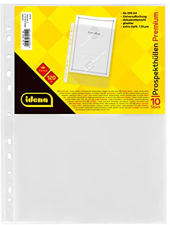 Idena 10010 - Prospekthüllen DIN A4, 10 Stück, aus PP-Folie, Folienstärke 0,12 mm, extra stark, dokumentenecht, Euro-Lochung, transparent, glasklar