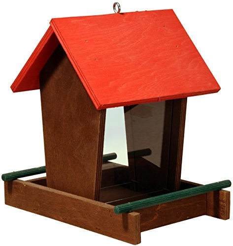 dobar® 91108FSCe - Mangiatoia per uccelli da appendere, in legno con silo di mangime – Casetta per uccelli piccola da appendere – Mangiatoia per uccelli per tutto l'anno – 16 x 21 x 20 cm – Rosso/Verde/Marrone