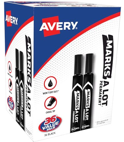 Avery Marks A Lot Permanent Markers, Large Desk-Style Size, Chisel Tip, Value Pack, 36 Black Markers Total, Ideal for Signs, Posters, Labeling, and More (98206)