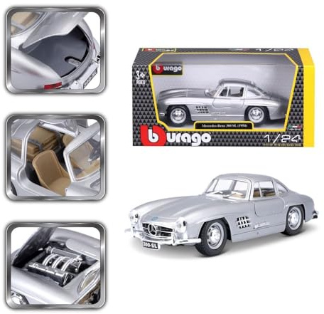 BBURAGO Mercedes-Benz 300 SL (1954), Silber - Modellauto 1:124 Originalgetreues Sammlerauto Spielzeugauto mit beweglichen Türen & Haube, ab 3 Jahren(18-22023S)