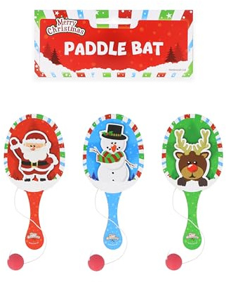 HENBRANDT 3x Christmas Wooden Paddle Bat and Ball Game for Kids Unisex Party Bag Favours Loot Bag Stocking Fillers Xmas Gifts Snowman Santa Claus Elf Game for Boys and Girls