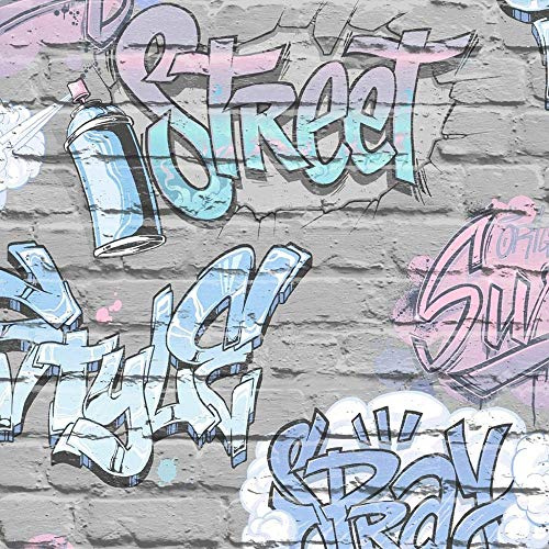 Children's Graffiti Brick Wallpaper Metallic Pink Blue Grey Lilac Urban Ugepa from YöL