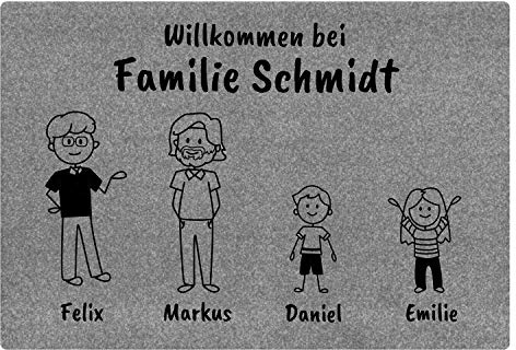 Personalisierte Fußmatte Familie im Comic Style | Türmatte mit bis zu 6 Namen und unterschiedlichen Figuren - Herzlich Willkommen bei Familienname | Fussmatte für Wohnungstür und Haustür | 60 x 40 cm
