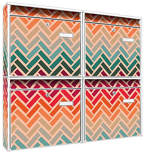 banjado Briefkastenanlage 4 Fach - Postkästen groß - verzinkter Stahl weiß DIN A4 Motiv Fischgräten - Briefkasten Set 4 Briefkästen Namensschild, 2 Schlüssel, Montagematerial