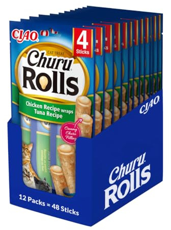 INABA Churu Rolls, Katzensnacks mit Huhn & Thunfisch, 12 x 40g | Mit hochwertigen Zutaten, Keine Nebenerzeugnisse, Katzenleckerlis ohne Getreide und Zucker, Weiche und Zähe Katzensticks