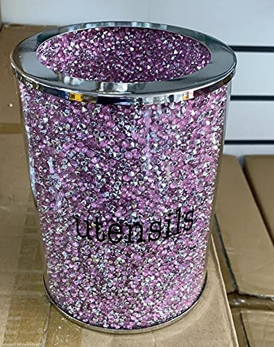 Biznest Crushed Diamond Pink Crystal Utensil Jar, Extra Sparkly, Bling, Gift