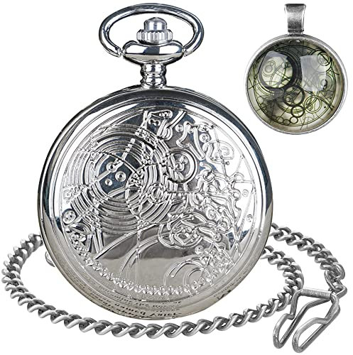 Tiong Doctor Who Taschenuhr mit Bronze-Gehäuse, Quarz, weißes Zifferblatt und Kette, Retro-Stil, Dr Who-Halskettenanhänger, Silber-1, Antik-Optik
