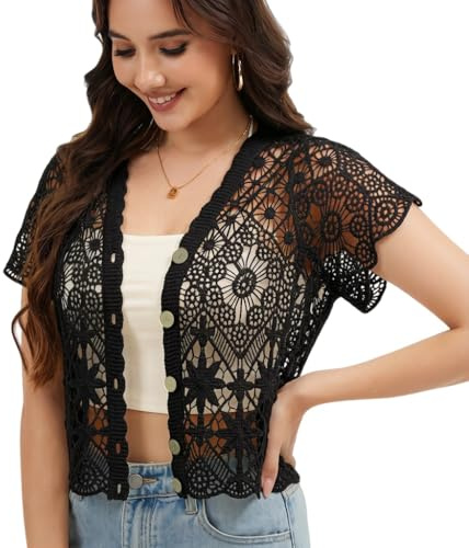 Bolero da donna a maniche corte, cardigan aperto in pizzo all'uncinetto, nero, One Size