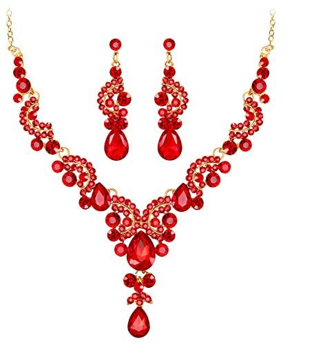 Wedity Sposa Matrimonio Collana di Cristallo Orecchini Set Floreale Girocollo Collane Gioielli a Forma di Lacrima per Donne e Ragazze (Rosso)