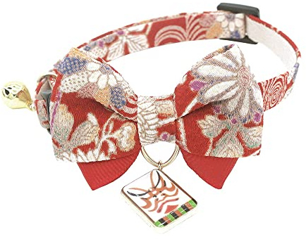 PetSoKoo Katzenhalsband mit doppelter Fliege, japanischem Kabuki-Charm, Sicherheitsschnalle, niedlich für Katzen, Größe M, rot, Kreppstoff, Kabuki-Charm, unisex, 25 cm, alle Altersstufen