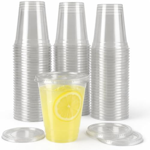 Sabco - 50pcs Plastic Cups with Lids - Clear Cup & Lid Ideal for Milkshake Frappe Juice Smoothie Cup Boba Cup Reusable Tea Coffee Drink Slush - Perfect for Takeaway & Restaurants. (16oz)