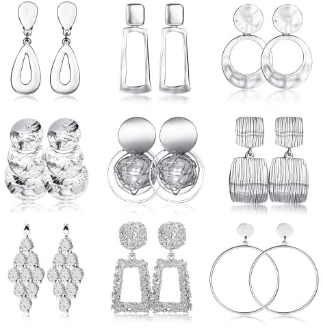 JeryWe 9 Paar Clip Ohrringe Damen Tropfen Statement Ohrringe Set Rechtwinklig Rund TrapezföRmig Quadratisch Leichtgewichtig GroßE Metall Geometrische Ohrclips Nicht Durchbohrte Ohrhänger Set（Silber）