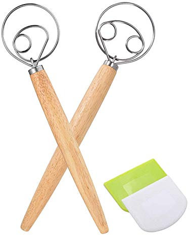 Qwertfeet MéLangeur à Main Fouet de Pâte Danois, MéLangeur de Pâte en Acier Inoxydable 2 PièCes avec 2 Grattoirs pour Pâte à Pizza, au Levain, Etc.