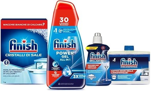 Finish Kit Lavastoviglie; Finish Powergel Detersivo Lavastoviglie Fresh 30 Lavaggi, Brillantante Regular 250ml, Curalavastoviglie regular 250ml, Cristalli di Sale 1kg