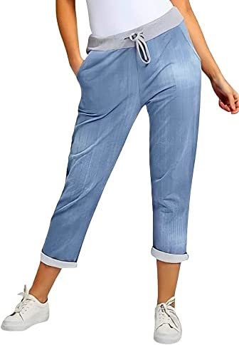 Chilgoza Women’s Ladies Denim Joggers Star Printed Sweatpants Floral Ribbed Waistband Trousers Ladies Casual Summer Italian