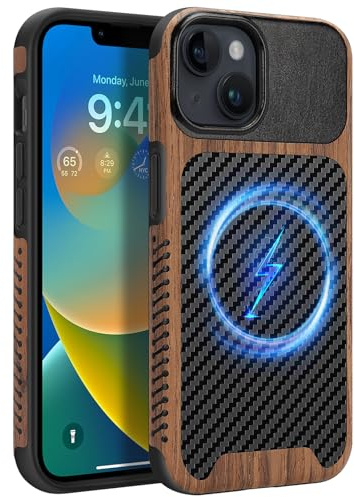 ZZDZZ Coque Magnétique pour iPhone 13 [Compatible avec MagSafe] Étui de Cuir en Bois et Carbone Protection Antichoc Housse pour iPhone 13 - Noir