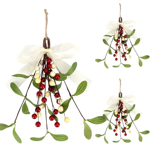 Kunjocy Künstliche Mistelzweige mit Beeren und Band, künstliche Mistelzweige zum Aufhängen, Ornament, Weihnachtsbaumschmuck für Kränze, Girlanden, Fenster, Party-Dekoration, 3 Stück (rot)