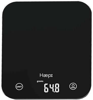 Haepi, Hochpräzise elektronische Glas-Küchenwaage 5000g/1g, Tarierfunktion, Flüssigkeitsfunktion, modernes Design, hintergrundbeleuchtetes Display, Batterien inklusive, 15 Jahre Garantie
