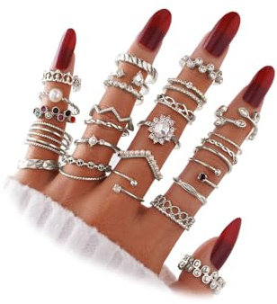 IFKM 28 Pcs Silver Knuckle Rings Set For Women Vintage Stackable Joint Finger Midi Rings Dainty Cubic Zirconia Crystal Simple Twist Hollow Cute Rings Pack Jewelry Gift (Starry Sky, Silver)