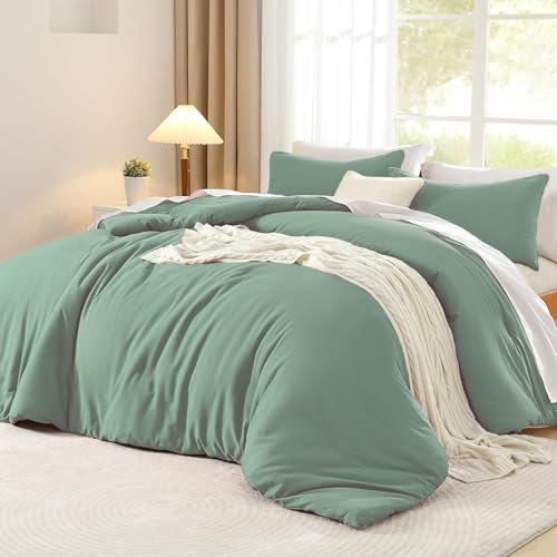 Luofanfei Grüne Baumwolle Bettwäsche 200x220 Salbeigrün Grün Einfarbig Muster Renforce Baumwollbettwäsche Premium Uni Modern Weiche Bettbezuge Doppelbett und Kissenbeüge 80x80 cm mit Reißverschluss