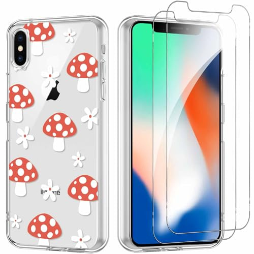 Yoedge Handyhülle für iPhone X/XS 5,8'' Hülle mit 2 Stück Schutzfolie Schutzglas, Aesthetic Design Mädchen Muster Klare Schutzhülle, Dünne Silikon Transparent Hülle für iPhone X/XS, Pilz