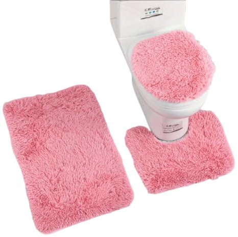 3-teiliges Badezimmermatten-Set, Badezimmermatte, WC-Vorleger, U-Form, Rosa
