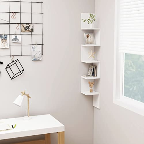 Baziroo Eckregal Weiß Wandregal 5 Ebenen Wand Regal Elegante Regal Wand-Eckregal Regale für Wände Wohnzimmer Wand Regale Holz 20x20x127,5 cm