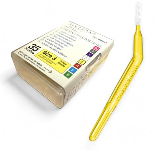 DE Healthcare Products – Piksters (35 Stück), wiederverwendbare Interdentalbürsten, 9 mm lang, Draht-Ø 0,52 mm, Größe 3, konisch, gelb
