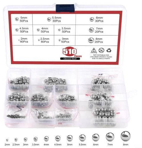 EXTRWORY 510PC Edelstahl 304 Stahlkugel 2mm-8mm Sortiment Präzisionslagerkugeln für Fahrrad Rad Ersatzteile Kugellager BoßElkugeln Set Boule Kugeln Aus Edelstahl Stahlkugeln